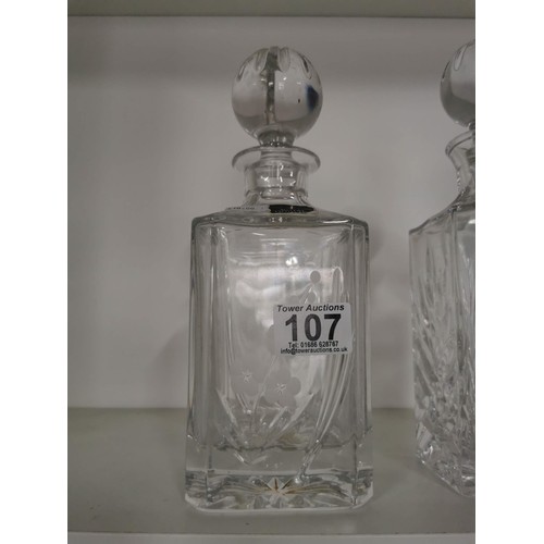 107 - Collection of 3x cut glass crystal decanters inc a Royal Doulton decanter all in good overall condit... 