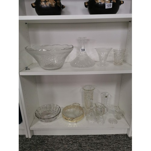 108 - Large collection of glassware items inc a pressed glass ships decanter, nibbles dish, 2x cut glass c... 