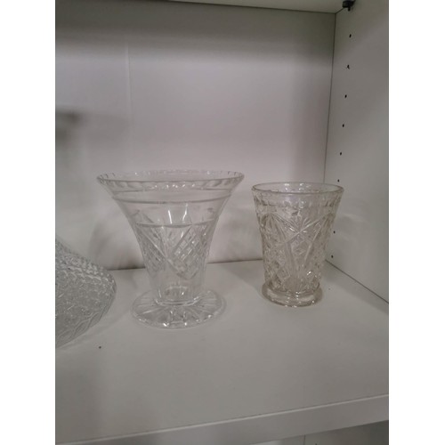 108 - Large collection of glassware items inc a pressed glass ships decanter, nibbles dish, 2x cut glass c... 