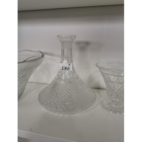 108 - Large collection of glassware items inc a pressed glass ships decanter, nibbles dish, 2x cut glass c... 