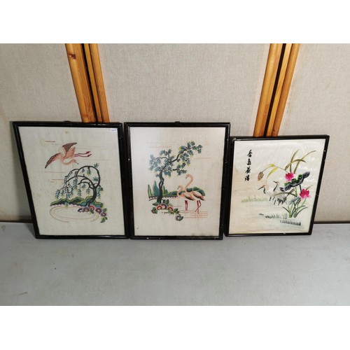 111A - 3x framed and glazed oriental pictures inc a silk tapestry depicting Cranes in a pond along with 2x ... 