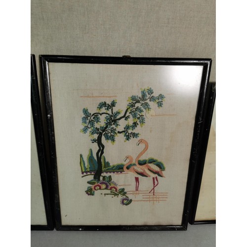 111A - 3x framed and glazed oriental pictures inc a silk tapestry depicting Cranes in a pond along with 2x ... 