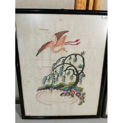 111A - 3x framed and glazed oriental pictures inc a silk tapestry depicting Cranes in a pond along with 2x ... 