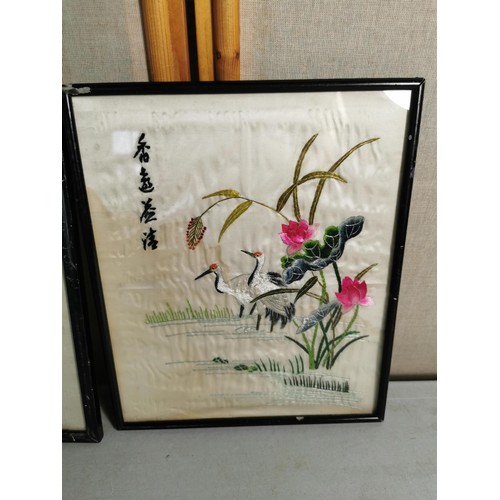 111A - 3x framed and glazed oriental pictures inc a silk tapestry depicting Cranes in a pond along with 2x ... 