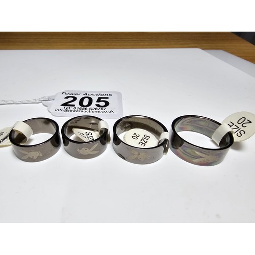 205 - Collection of 4x brand new official Playboy rings with the Playboy logo around the band of the rings... 