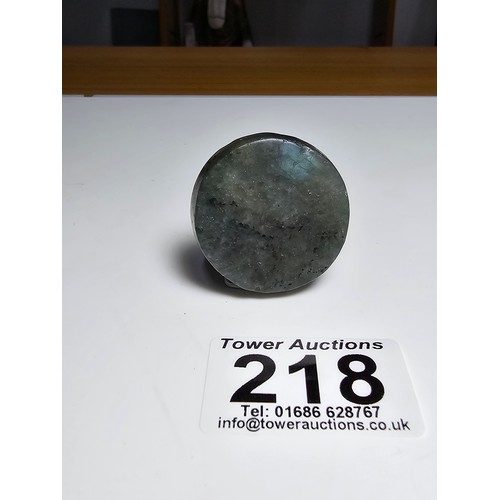 218 - A stunning carved labradorite hardstone carved disk with a stag scene presenting excellent natural f... 