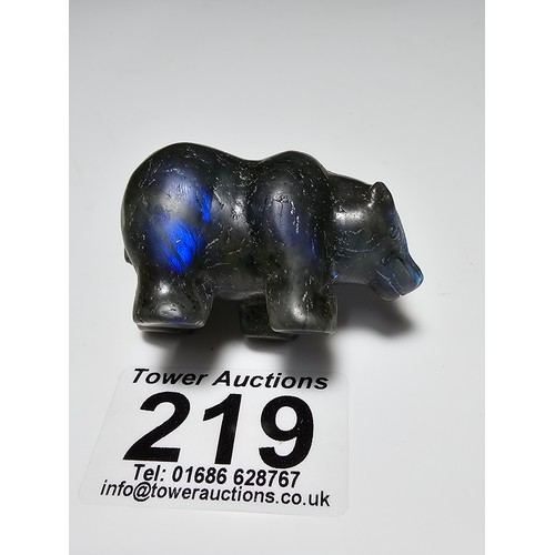 219 - A pretty labradorite hardstone carved polar bear figure presenting excellent natural deep blue flash... 