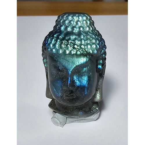 220 - A stunning natural labradorite well carved Buddha head figure presenting beautiful flashing natural ... 