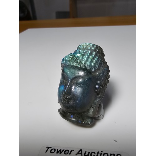 220 - A stunning natural labradorite well carved Buddha head figure presenting beautiful flashing natural ... 