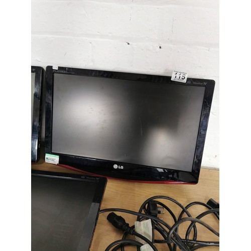 115 - 3x LG Flatron HD TV Monitors & one remote complete with power cables, all monitors measure  11in