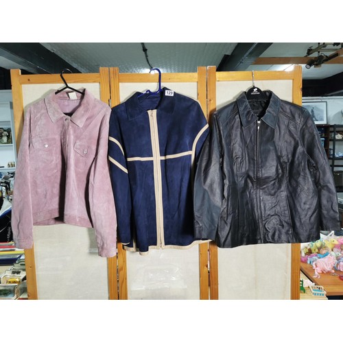 129 - 3x ladies coats inc a blue suede jacket, Leather Centigrade jacket and a Cotton traders size 18 pink... 