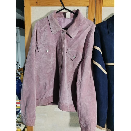 129 - 3x ladies coats inc a blue suede jacket, Leather Centigrade jacket and a Cotton traders size 18 pink... 