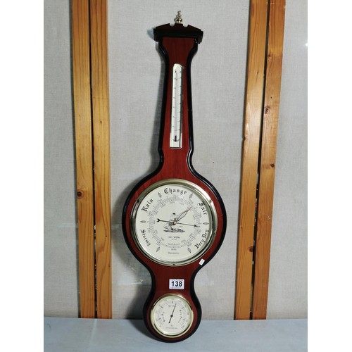 138 - A good quality modern banjo barometer, with mahogany effect, temperature gauge to the top hygrometer... 