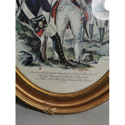 141 - A gilt framed and glazed print of the grenadier regiment 1776 and 1783, measures 45cm high 38cm wide