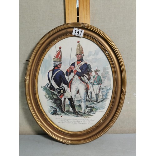 141 - A gilt framed and glazed print of the grenadier regiment 1776 and 1783, measures 45cm high 38cm wide