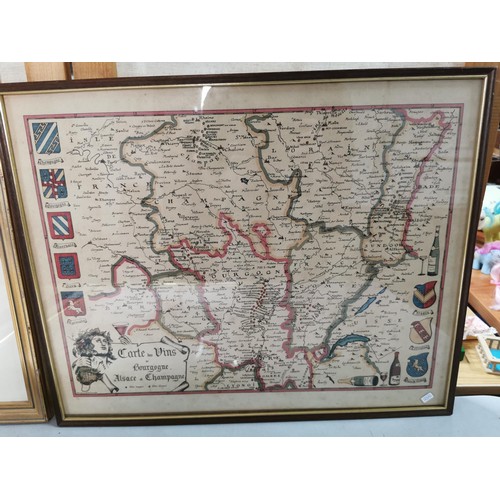 146 - Collection of 5x framed and glazed prints inc a copy of a vintage map of the Champagne and Bourgogne... 