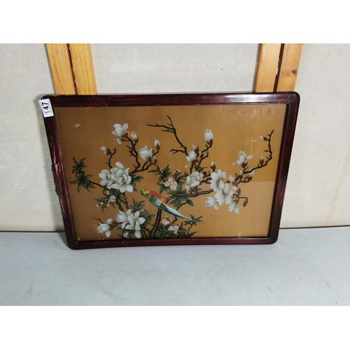 147 - Good quality vintage framed and glazed oriental chrystoleum of a bird on a magnolia tree, in overall... 