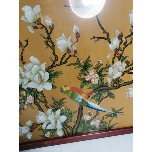 147 - Good quality vintage framed and glazed oriental chrystoleum of a bird on a magnolia tree, in overall... 