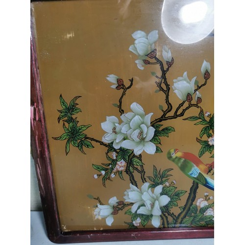 147 - Good quality vintage framed and glazed oriental chrystoleum of a bird on a magnolia tree, in overall... 