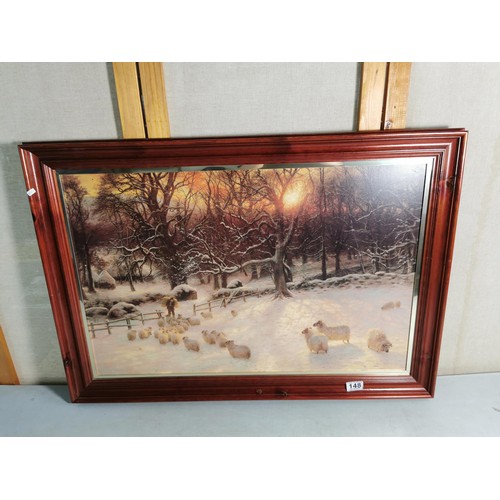 148 - Large framed Joseph Farquharson print of a winter farm scene mearesures 59cm high by 80cm wide