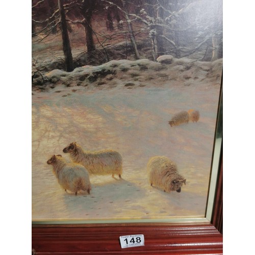 148 - Large framed Joseph Farquharson print of a winter farm scene mearesures 59cm high by 80cm wide