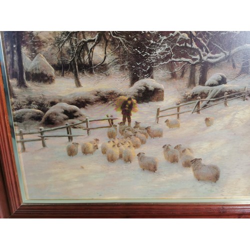 148 - Large framed Joseph Farquharson print of a winter farm scene mearesures 59cm high by 80cm wide