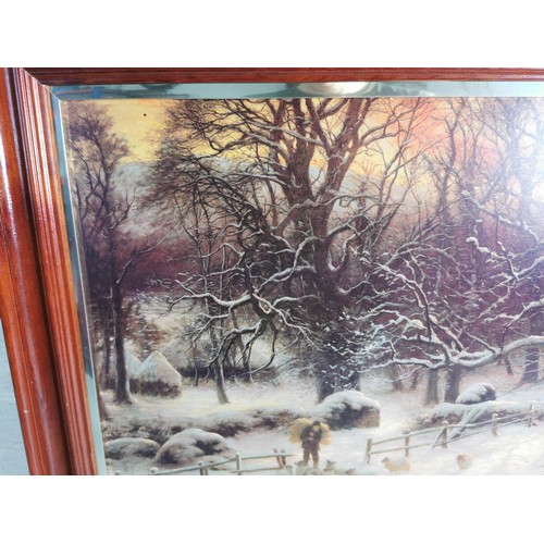 148 - Large framed Joseph Farquharson print of a winter farm scene mearesures 59cm high by 80cm wide