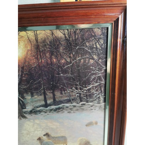 148 - Large framed Joseph Farquharson print of a winter farm scene mearesures 59cm high by 80cm wide