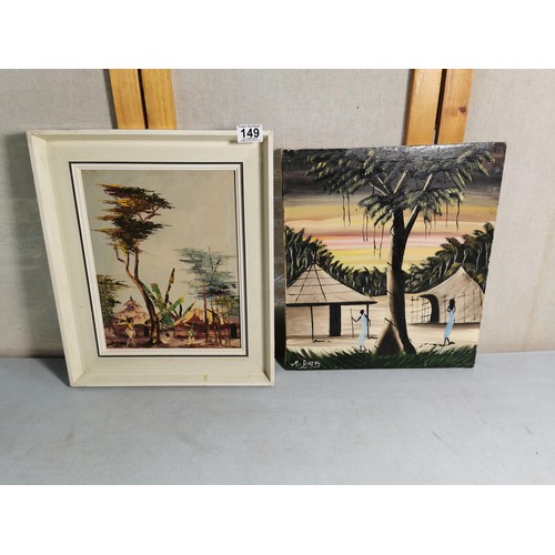 149 - 2x original African acrylic paintings one painted with a pallet knife in a cream frame both depictin... 