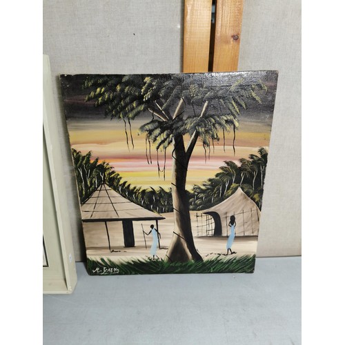 149 - 2x original African acrylic paintings one painted with a pallet knife in a cream frame both depictin... 