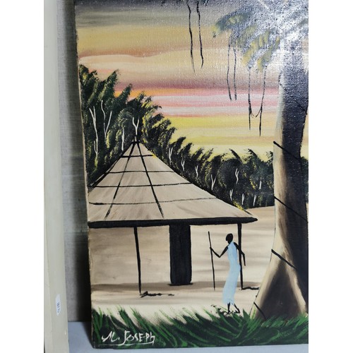 149 - 2x original African acrylic paintings one painted with a pallet knife in a cream frame both depictin... 