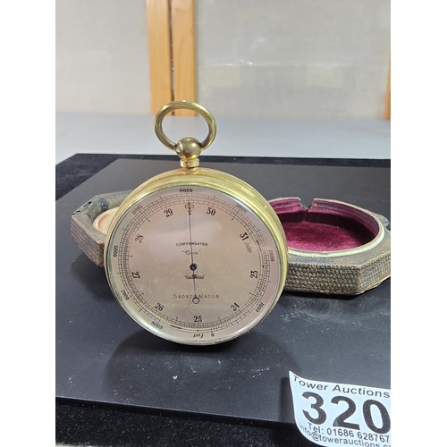 320 - A good antique English cased pocket barometer/altimeter by Short & Mason London 