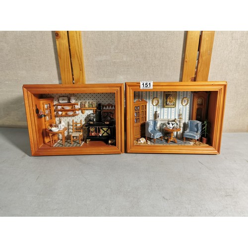 151 - 2x wooden Victorian scene wall hanging shadow boxes one depicting a kitchen the other a front room b... 