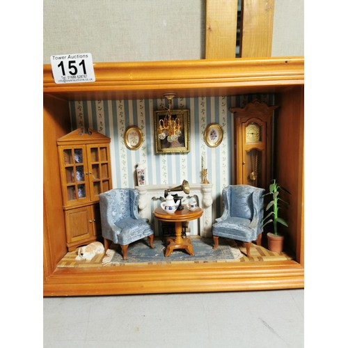 151 - 2x wooden Victorian scene wall hanging shadow boxes one depicting a kitchen the other a front room b... 