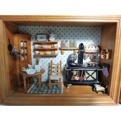 151 - 2x wooden Victorian scene wall hanging shadow boxes one depicting a kitchen the other a front room b... 