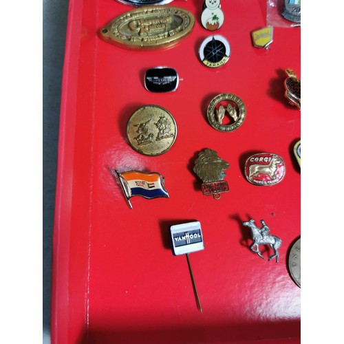 157 - Quantity of collectable pin badges inc Corgi, spitfires, Vanhool, Yamaha, a brass Chasewater Railway... 