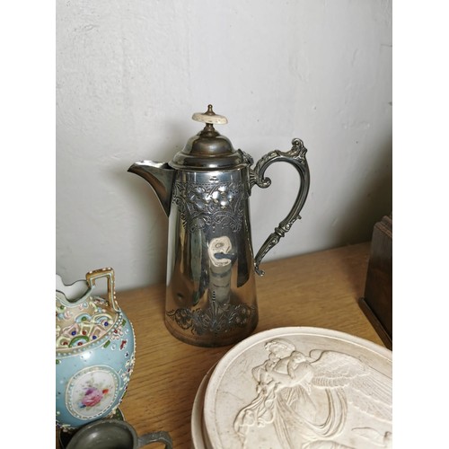 162 - Quantity of collectables inc an antique silver plate coffee pot, various collectables incl. small an... 