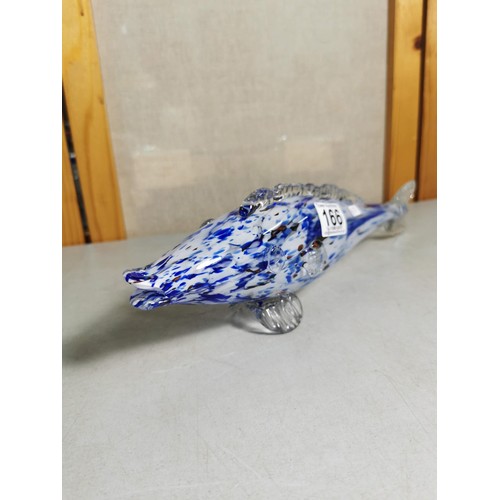 166 - Good quality glass Romanian art glass fish in blue and white pattern in overall good condition 10cm ... 