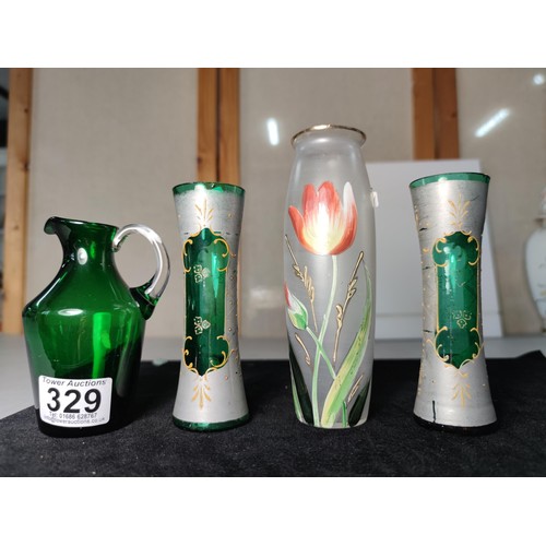 329 - A set of good quality vintage glass vases, includes a pretty hand painted glass vase with a floral s... 