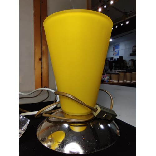 336 - A pair of striking art deco style lamps with conical shaped yellow glass shades along with a similar... 