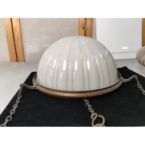 343 - Hanging ceiling lamp Art deco with brass surround and opaque glass shade ribbed diameter of 31cm and... 