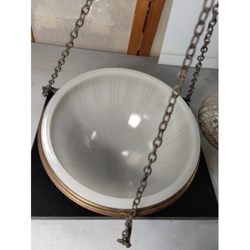 343 - Hanging ceiling lamp Art deco with brass surround and opaque glass shade ribbed diameter of 31cm and... 