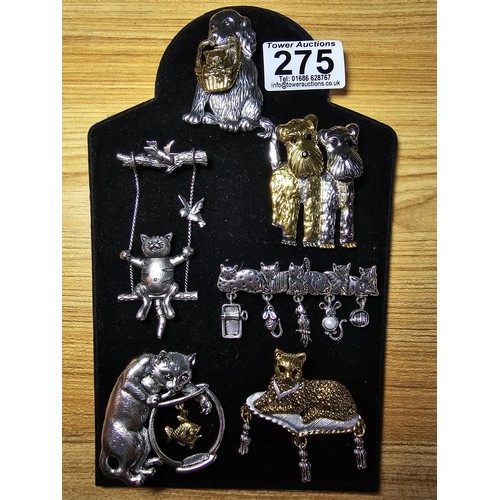 275 - A suite of 6 good quality ornate brooches all cat and dog related which includes a pretty silver ton... 