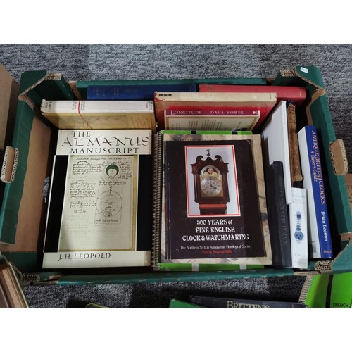 372 - 2 boxes of large quantity books all relating to clocks and watches and is a comprehensive collection... 