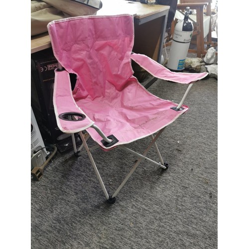 397 - Good camping double bed along with a camping table and camping chair with cup holder in pink and a C... 