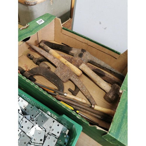 407 - 3x boxes of tools inc a crate of hinges, pick axe heads, spanners and files, lump hammers etc