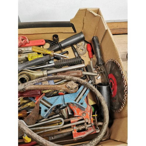 410 - Box containing a quantity of shed odds inc trowels, saws, staple gun, drill, gas connector etc