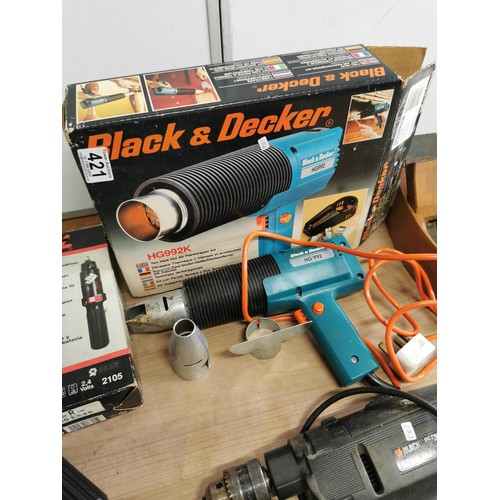 421 - Boxed Black & Decker heat gun along with a boxed Stanley planer model H1204, boxed Skil electric scr... 