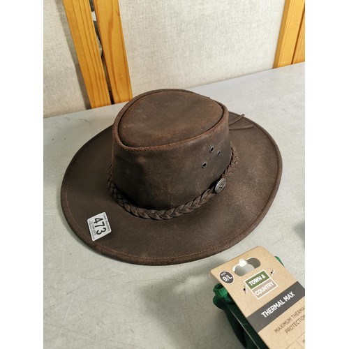 473 - A good quality Australian genuine kangaroo leather wide rimmed hat by Oxford Blue along with a pro c... 