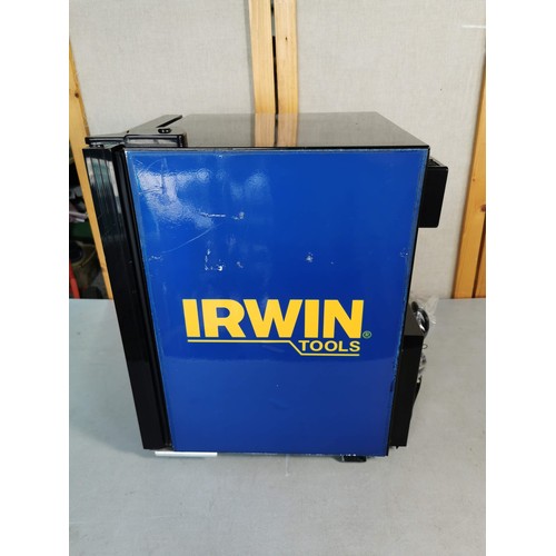 484 - A good quality small tabletop fridge with advertising for Irwin tools, model JGASC21 is of a 21L siz... 